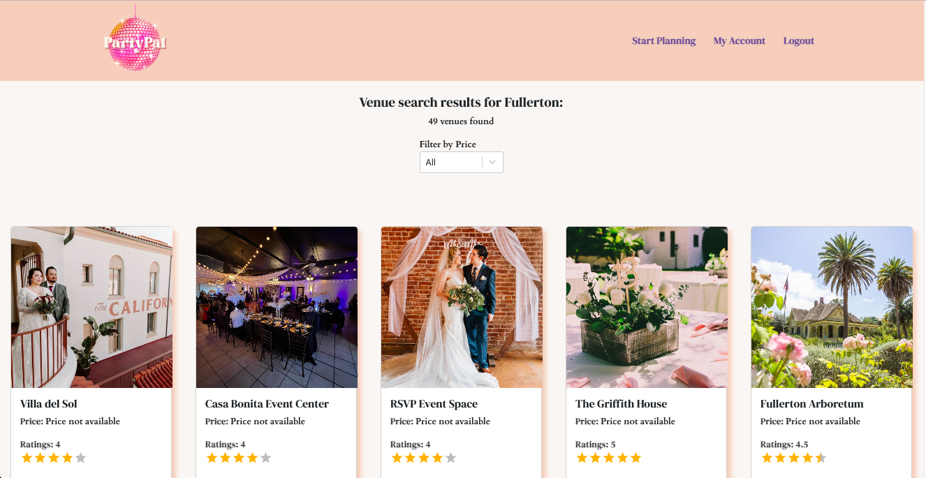 Image of PartyPal Venue results for Fullerton.